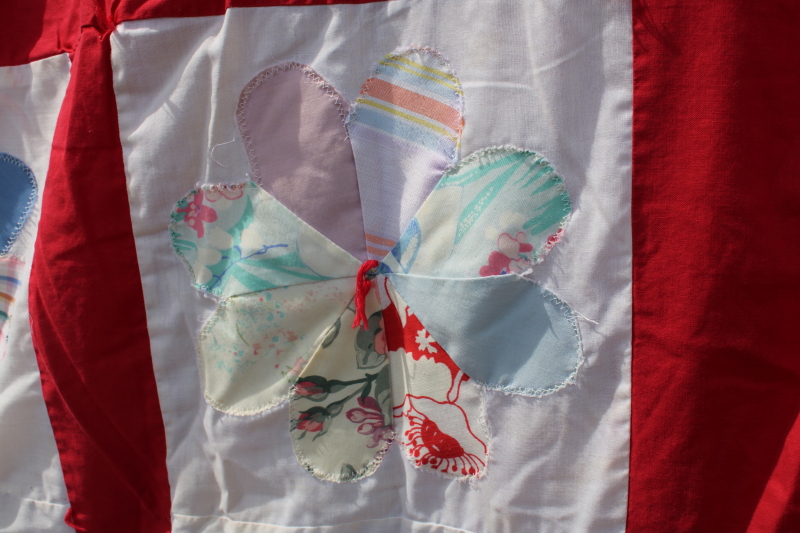 photo of handmade machine sewn vintage quilt, colorful prints retro daisy flowers w/ red border #3