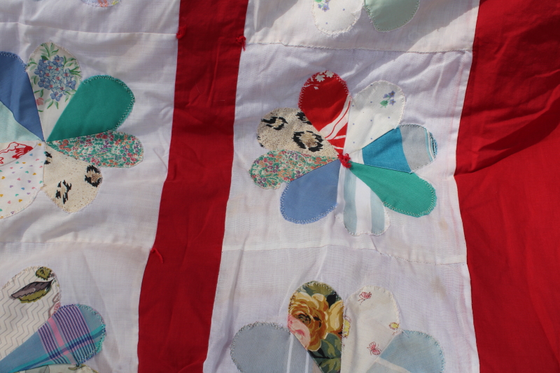 photo of handmade machine sewn vintage quilt, colorful prints retro daisy flowers w/ red border #4