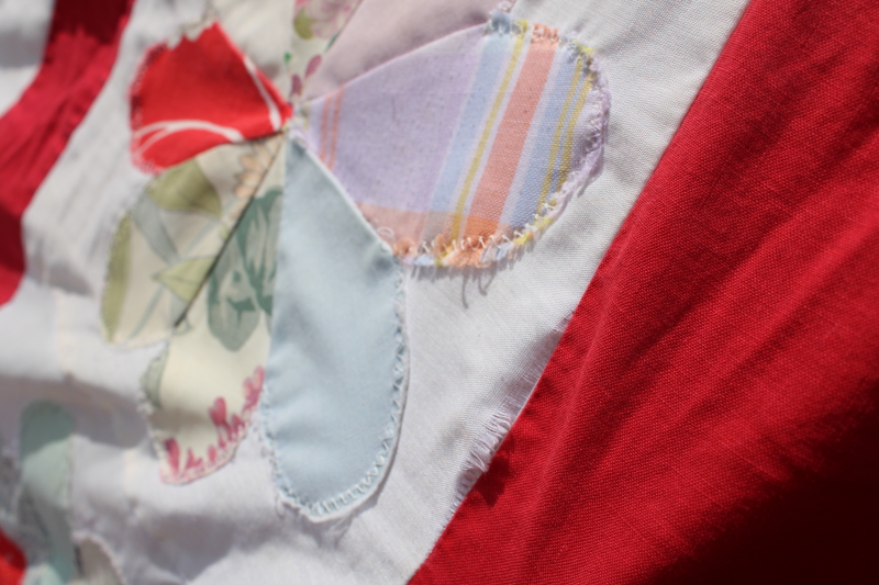 photo of handmade machine sewn vintage quilt, colorful prints retro daisy flowers w/ red border #5