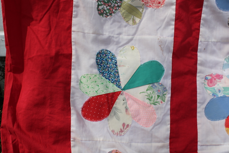photo of handmade machine sewn vintage quilt, colorful prints retro daisy flowers w/ red border #6