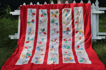 catalog photo of handmade machine sewn vintage quilt, colorful prints retro daisy flowers w/ red border