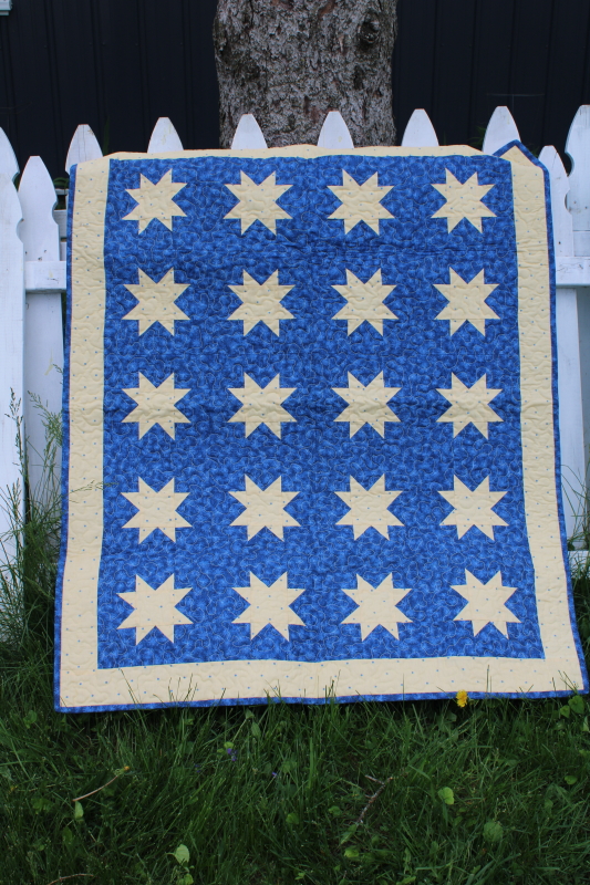photo of handmade mini quilt cotton patchwork wall hanging, starry night yellow stars on blue #1