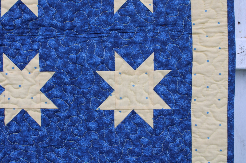 photo of handmade mini quilt cotton patchwork wall hanging, starry night yellow stars on blue #2