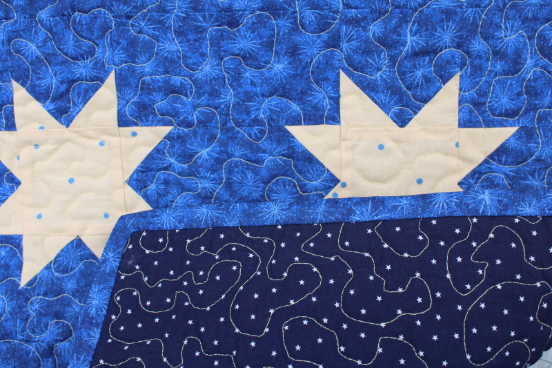 photo of handmade mini quilt cotton patchwork wall hanging, starry night yellow stars on blue #4