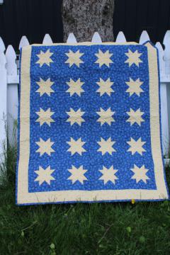 catalog photo of handmade mini quilt cotton patchwork wall hanging, starry night yellow stars on blue