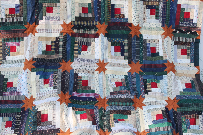 photo of handmade patchwork quilt top, star log cabin pieced pattern cotton prints 1990s vintage #2