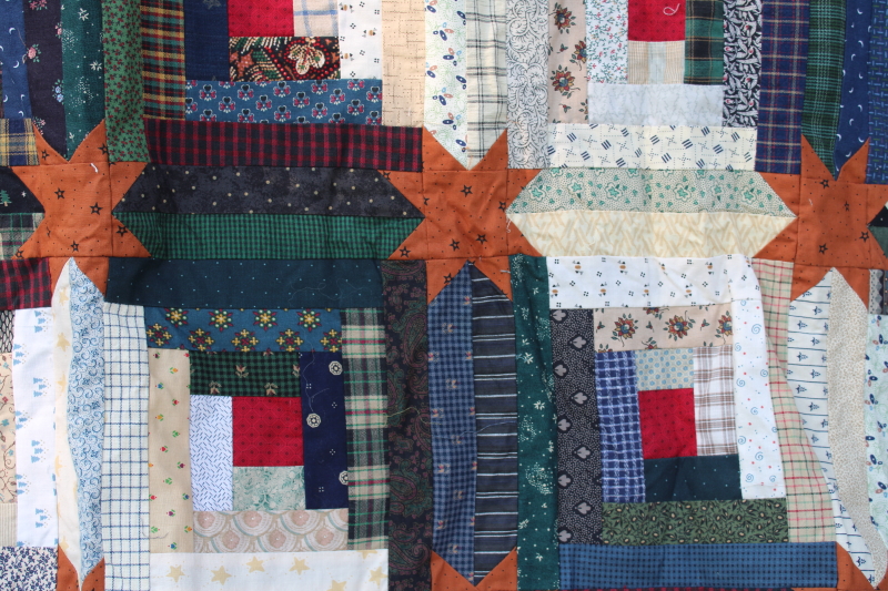 photo of handmade patchwork quilt top, star log cabin pieced pattern cotton prints 1990s vintage #3