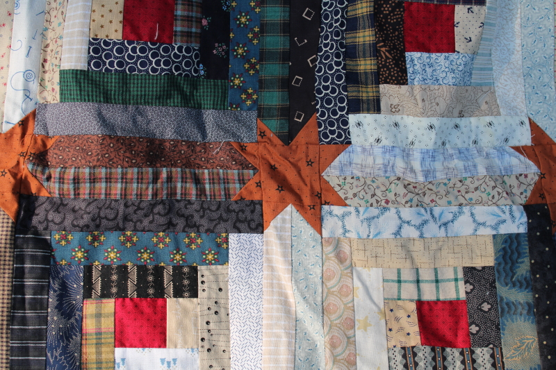 photo of handmade patchwork quilt top, star log cabin pieced pattern cotton prints 1990s vintage #4