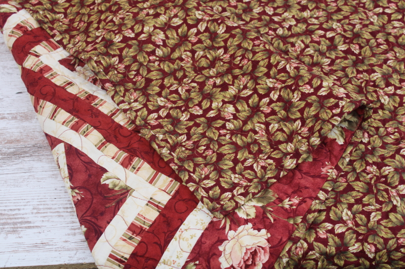 photo of handmade pieced patchwork diamond blocks quilt, full or queen size bedspread rust red roses  #2