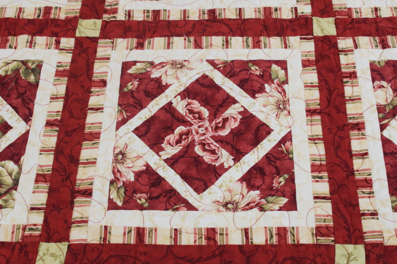 photo of handmade pieced patchwork diamond blocks quilt, full or queen size bedspread rust red roses  #5