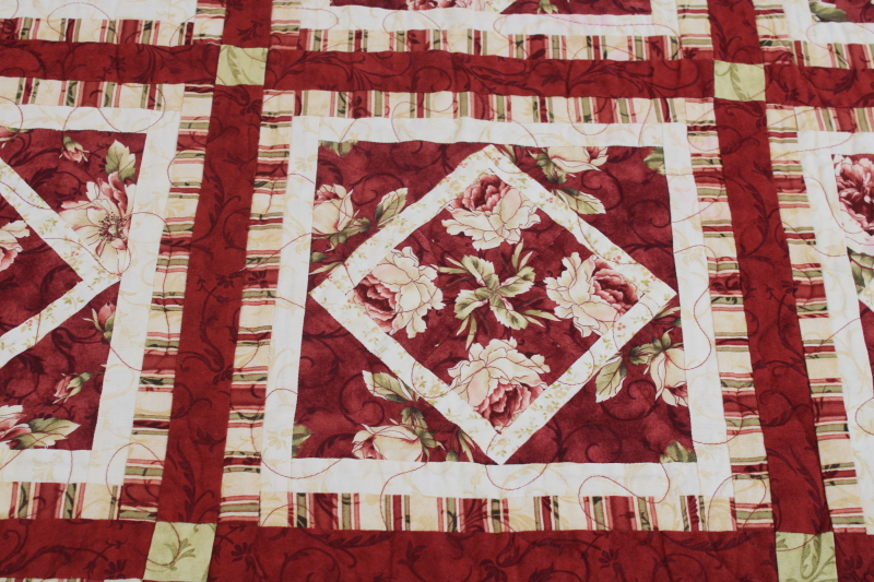 photo of handmade pieced patchwork diamond blocks quilt, full or queen size bedspread rust red roses  #6