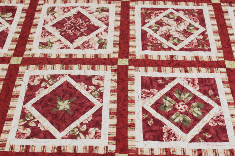 photo of handmade pieced patchwork diamond blocks quilt, full or queen size bedspread rust red roses  #7