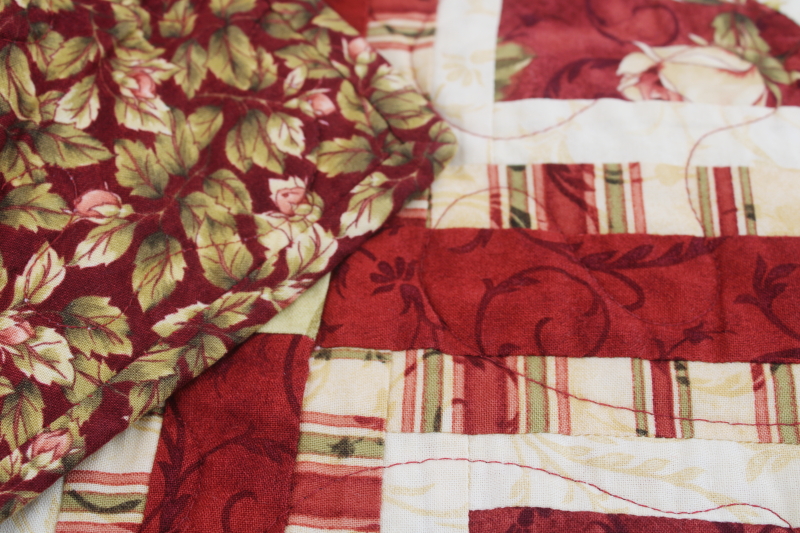 photo of handmade pieced patchwork diamond blocks quilt, full or queen size bedspread rust red roses  #9