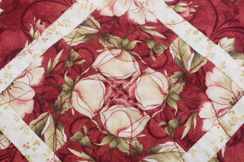 photo of handmade pieced patchwork diamond blocks quilt, full or queen size bedspread rust red roses  #10