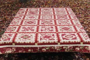 handmade pieced patchwork diamond blocks quilt, full or queen size bedspread rust red roses 