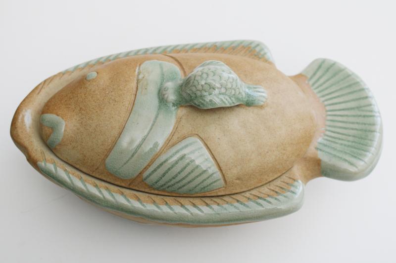 photo of handmade pottery fish shape covered dish, rustic rough clay w/ celadon green glaze #1