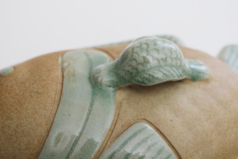 photo of handmade pottery fish shape covered dish, rustic rough clay w/ celadon green glaze #2