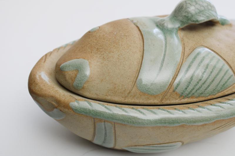 photo of handmade pottery fish shape covered dish, rustic rough clay w/ celadon green glaze #3