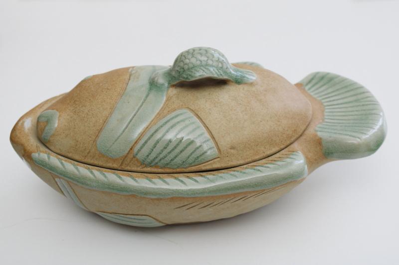 photo of handmade pottery fish shape covered dish, rustic rough clay w/ celadon green glaze #4