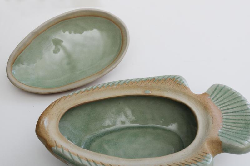 photo of handmade pottery fish shape covered dish, rustic rough clay w/ celadon green glaze #5