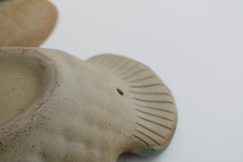 photo of handmade pottery fish shape covered dish, rustic rough clay w/ celadon green glaze #7