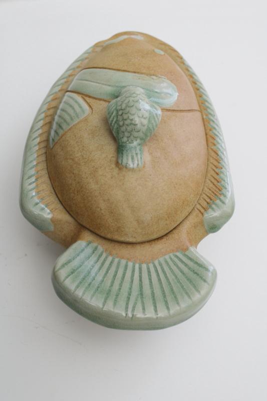 photo of handmade pottery fish shape covered dish, rustic rough clay w/ celadon green glaze #9