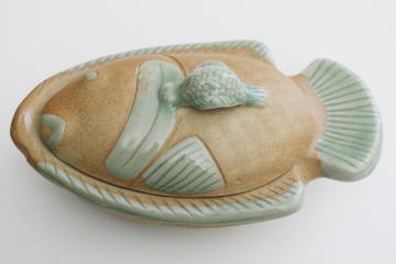 catalog photo of handmade pottery fish shape covered dish, rustic rough clay w/ celadon green glaze