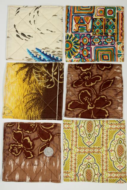 photo of handmade quilted square hot mat pads or pot holders, bright print cotton fabric #7