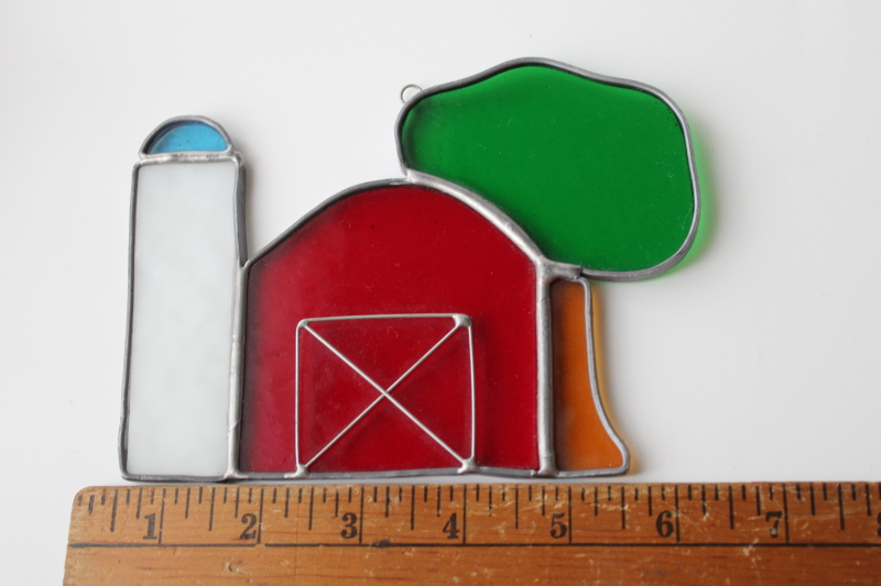 photo of handmade stained glass suncatcher, old red barn with silo, farm country window hanging ornament  #2