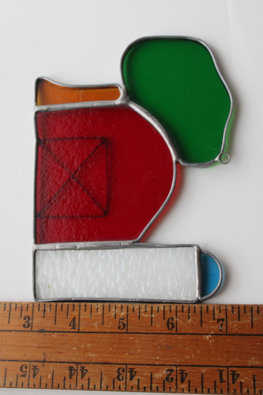photo of handmade stained glass suncatcher, old red barn with silo, farm country window hanging ornament  #3
