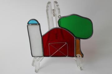 handmade stained glass suncatcher, old red barn with silo, farm country window hanging ornament 