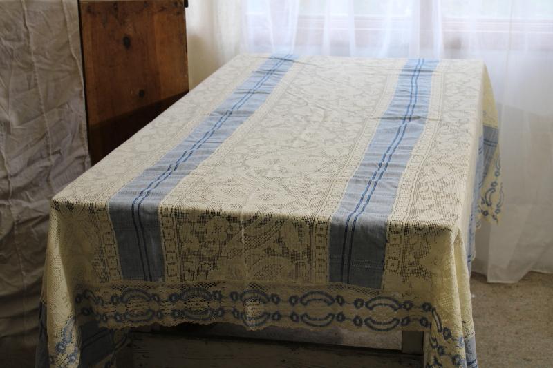 photo of handmade table cover w/ vintage lace edging, blue cotton tablecloth w/ wide panels of lace #1