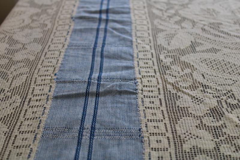 photo of handmade table cover w/ vintage lace edging, blue cotton tablecloth w/ wide panels of lace #2