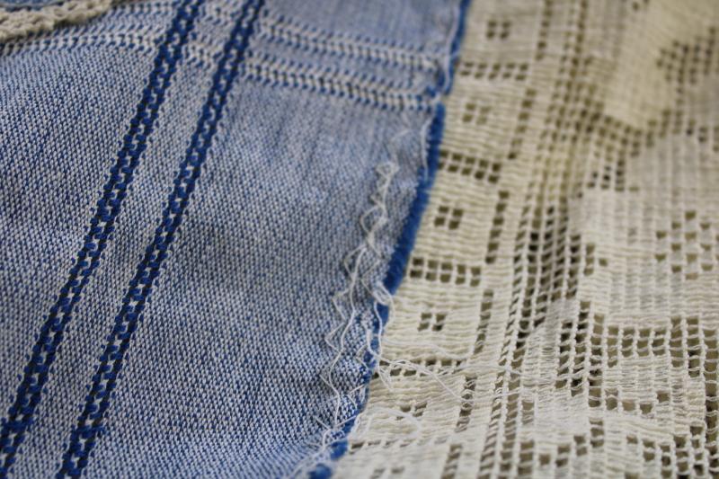 photo of handmade table cover w/ vintage lace edging, blue cotton tablecloth w/ wide panels of lace #5