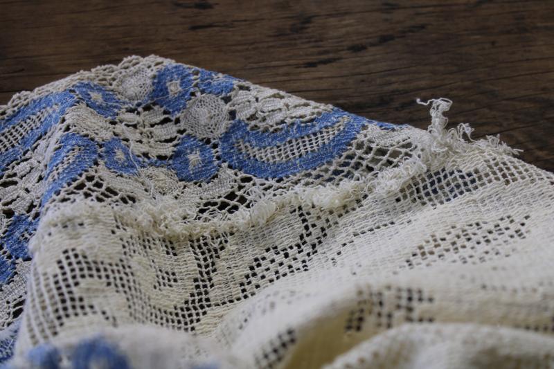 photo of handmade table cover w/ vintage lace edging, blue cotton tablecloth w/ wide panels of lace #6