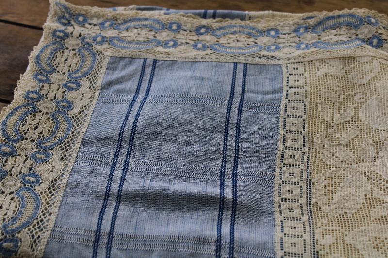 photo of handmade table cover w/ vintage lace edging, blue cotton tablecloth w/ wide panels of lace #7