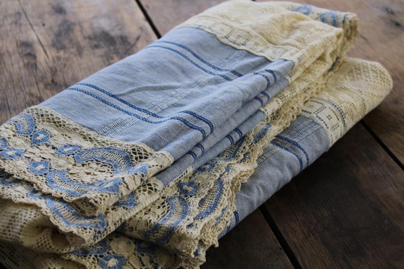 photo of handmade table cover w/ vintage lace edging, blue cotton tablecloth w/ wide panels of lace #8