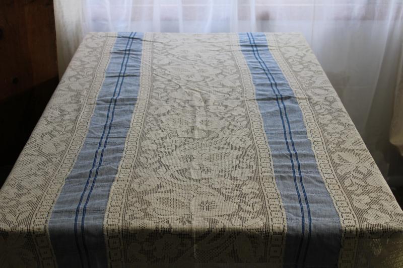 photo of handmade table cover w/ vintage lace edging, blue cotton tablecloth w/ wide panels of lace #9