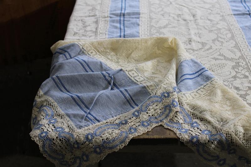 photo of handmade table cover w/ vintage lace edging, blue cotton tablecloth w/ wide panels of lace #10