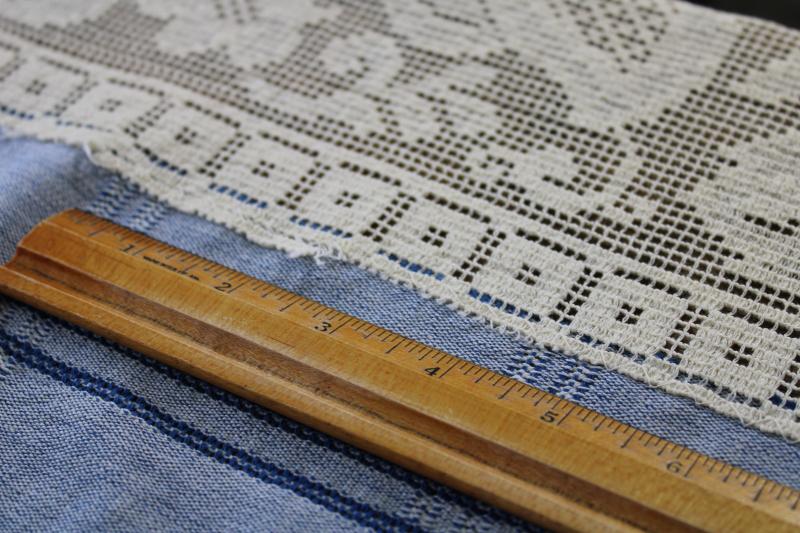 photo of handmade table cover w/ vintage lace edging, blue cotton tablecloth w/ wide panels of lace #12