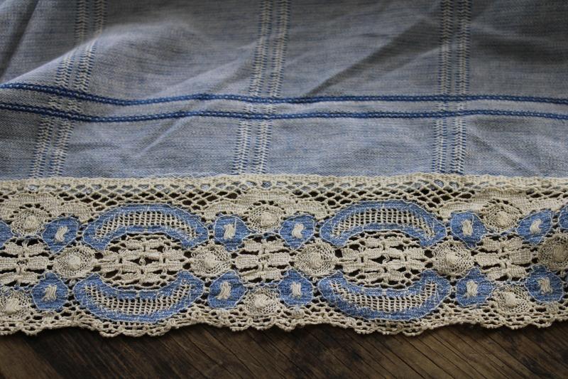 photo of handmade table cover w/ vintage lace edging, blue cotton tablecloth w/ wide panels of lace #14