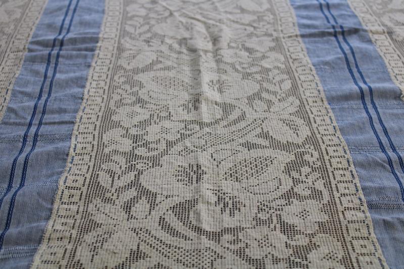 photo of handmade table cover w/ vintage lace edging, blue cotton tablecloth w/ wide panels of lace #16