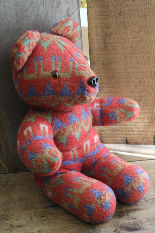photo of handmade teddy bear, large stuffed animal made from vintage camp blanket #3