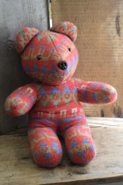 catalog photo of handmade teddy bear, large stuffed animal made from vintage camp blanket