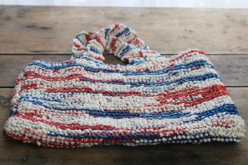 catalog photo of handmade upcycled plastic bag plarn yarn hand knit shopping tote, red white blue