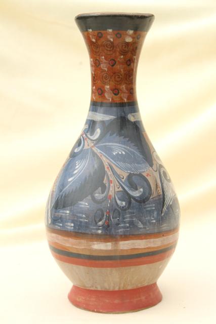 photo of handmade vintage Mexican pottery vase, Tonala burnished clay urn w/ white deer #2