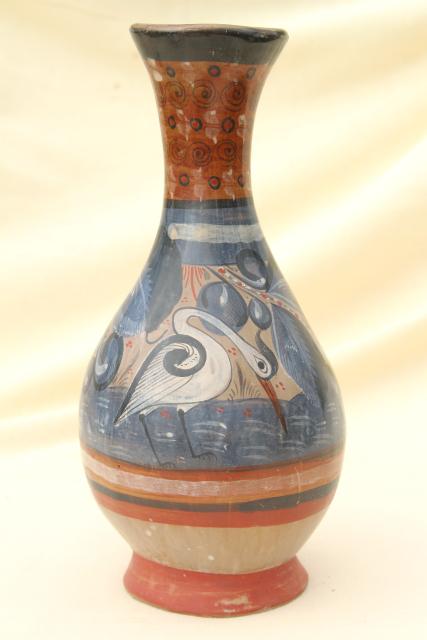 photo of handmade vintage Mexican pottery vase, Tonala burnished clay urn w/ white deer #3