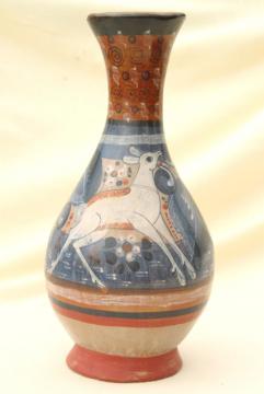 catalog photo of handmade vintage Mexican pottery vase, Tonala burnished clay urn w/ white deer