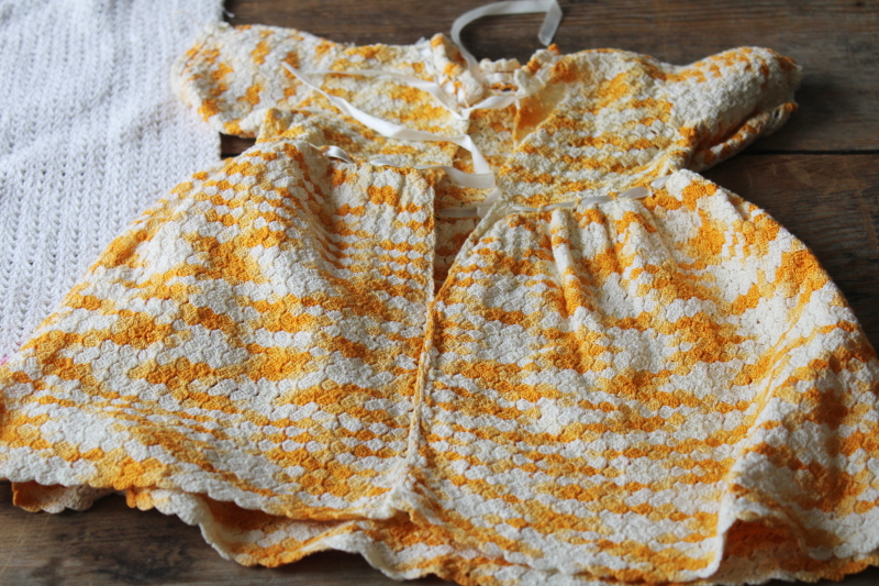 photo of handmade vintage baby girl dresses, cotton thread crochet yellow, pink, white doll dresses #3