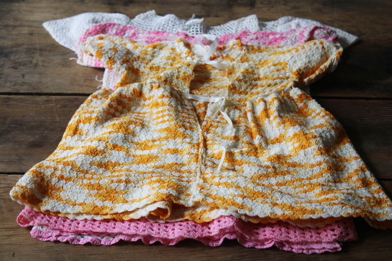 photo of handmade vintage baby girl dresses, cotton thread crochet yellow, pink, white doll dresses #7